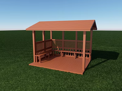 Outdoor Wooden Pergola With Roof Benches And Deck In Green Grass Field 3d model