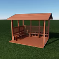 Outdoor Wooden Pergola With Roof Benches And Deck In Green Grass Field