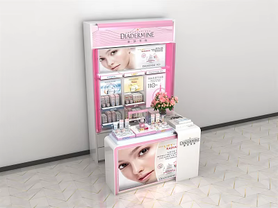 Pink White Modern Cosmetic Display Shelf With Beauty Products Retail Display Counter 3d model