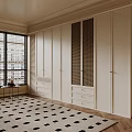 Modern Luxury Walk-in Closet Interior With White Cabinets Drawers And Geometric Rug