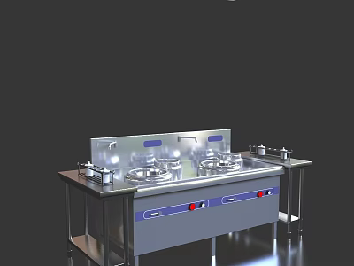 Stainless Steel Commercial Kitchen Appliances With Multiple Heating Burners Faucets Countertop And Control Buttons 3d model
