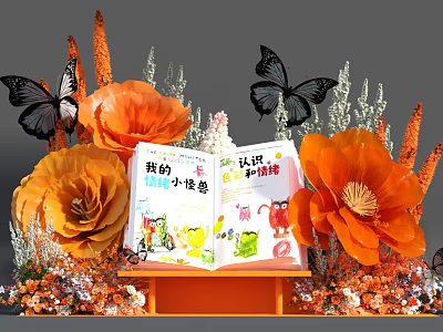 Colorful Photo Check In Spot With Large Orange Flowers Black Butterflies And Open Children Book 3d model