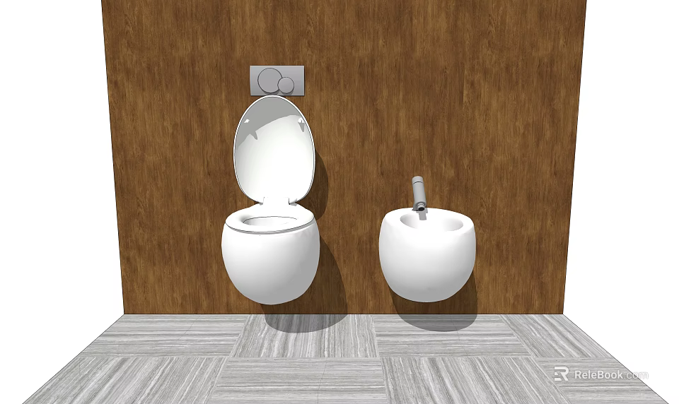 Modern Minimalist Toilet With Bidet On Brown Wooden Wall And Gray Floor 3d model 