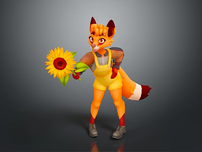 Game Movie Fox Character With Orange Fur Holding Sunflower In Yellow Overalls 3d model