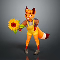 Game Movie Fox Character With Orange Fur Holding Sunflower In Yellow Overalls