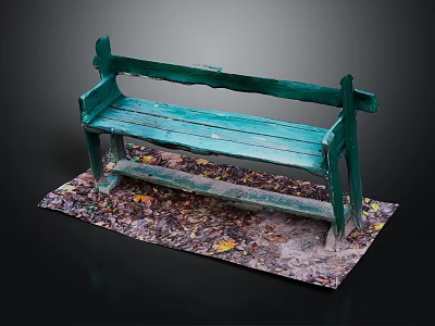 Green Weathered Wooden Bench With Fallen Leaves On Ground Surface 3d model