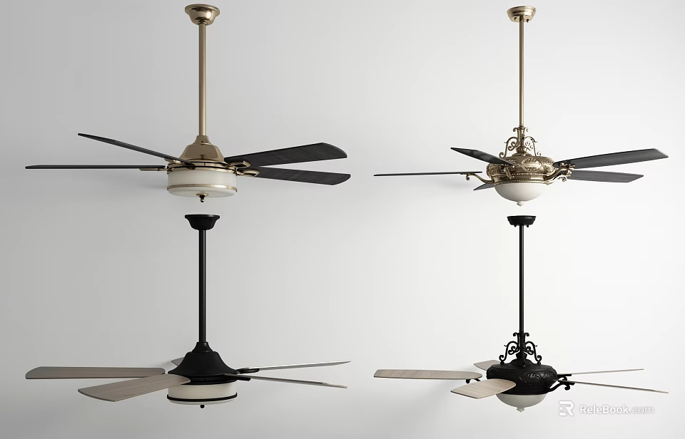 Multiple Stylish Ceiling Air Conditioner Fan Designs in Modern Black Gold Styles 3d model 