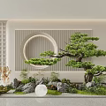 Modern Indoor Landscape With Pine Tree Circular Light Rock Elements And Lattice Backdrop 3d model