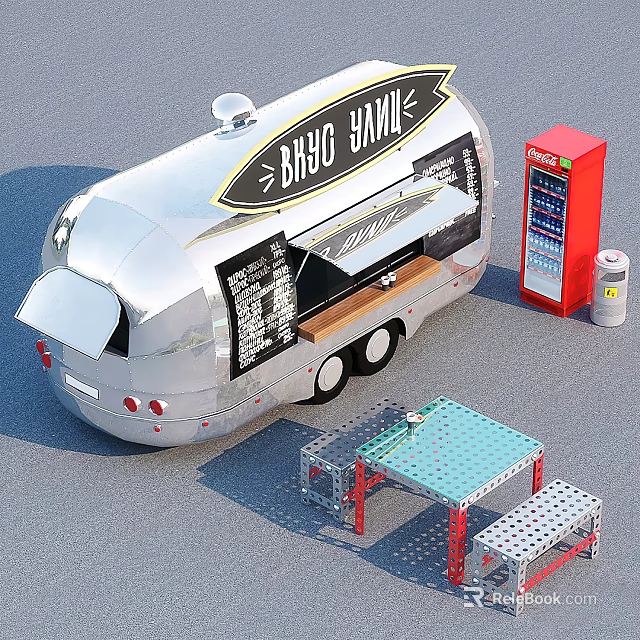 BBQ Food Truck Setup With Red Beverage Vending Machine Metal Table And Benches 3d model 