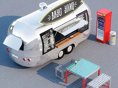 BBQ Food Truck Setup With Red Beverage Vending Machine Metal Table And Benches 3d model