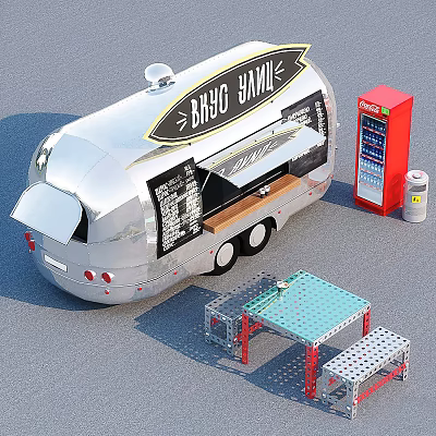 BBQ Food Truck Setup With Red Beverage Vending Machine Metal Table And Benches 3d model