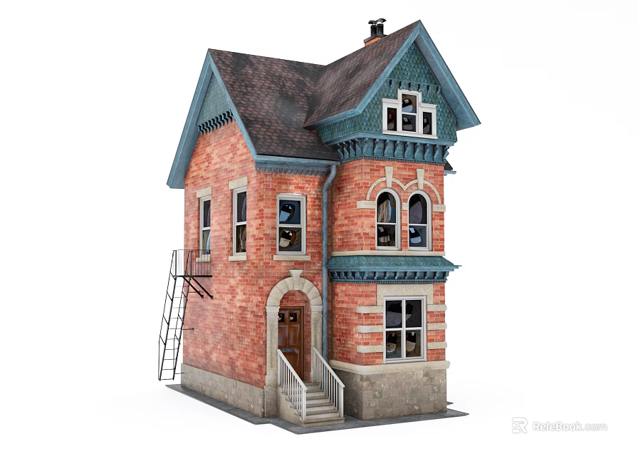 European Style Architecture With Red Brick Exterior Gabled Roof Arched Windows And Porch Staircase 3d model 