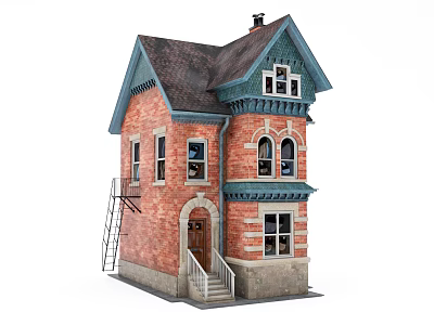 European Style Architecture With Red Brick Exterior Gabled Roof Arched Windows And Porch Staircase 3d model