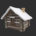Traditional Rural Self Built Log House With Snow Covered Roof And Chimney