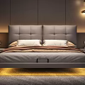 Modern Double Bedroom Interior With Upholstered Headboard Cozy Bedding And Warm Lighting