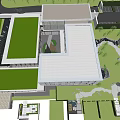 Modern Sales Office Building With Large Glass Windows Green Roof And Mountain Views