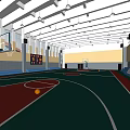 Basketball Gymnasium Interior With Green Red Court Floor White Lines Hoop Bleachers And Ceiling Lighting