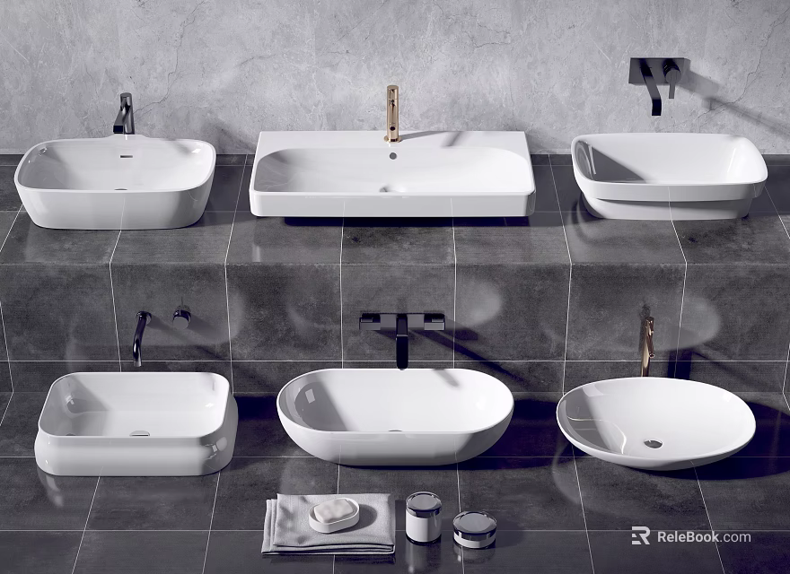 Modern Bathroom Washbasins in Various Shapes with Wall Mounted Faucets and Tiles 3d model 