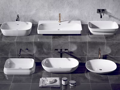 Modern Bathroom Washbasins in Various Shapes with Wall Mounted Faucets and Tiles 3d model