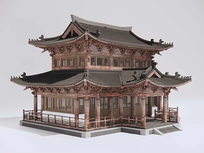 Ancient Chinese Architecture Two Story Wooden Structure With Traditional Roof Overhanging Eaves And Veranda Railings 3d model