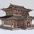 Ancient Chinese Architecture Two Story Wooden Structure With Traditional Roof Overhanging Eaves And Veranda Railings