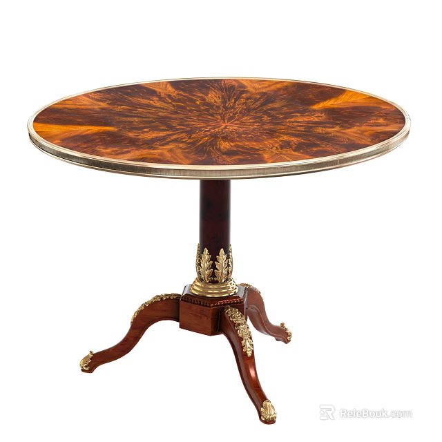 Round Dining Table With Intricate Wood Grain Tabletop And Gold Accent Carved Pedestal Base 3d model 