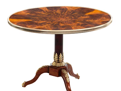 Round Dining Table With Intricate Wood Grain Tabletop And Gold Accent Carved Pedestal Base 3d model