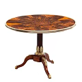 Round Dining Table With Intricate Wood Grain Tabletop And Gold Accent Carved Pedestal Base