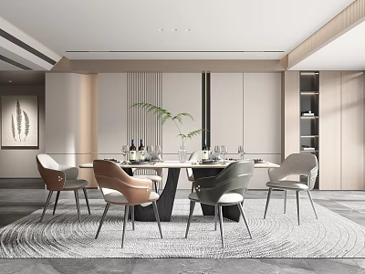Modern Restaurant Interior Design With Round Dining Table Chairs Wine Glasses And Plant 3d model