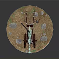 Vintage Cannon With Metal Barrel Large Wooden Wheels On Circular Stone Base And Green Grass