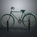 Vintage Green Bicycle Displayed On Black Stands With Gray Background