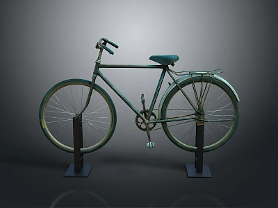 Vintage Green Bicycle Displayed On Black Stands With Gray Background 3d model