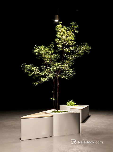 Urban Road Facilities Featuring Wooden Platform With Planters And Greenery Tree 3d model 