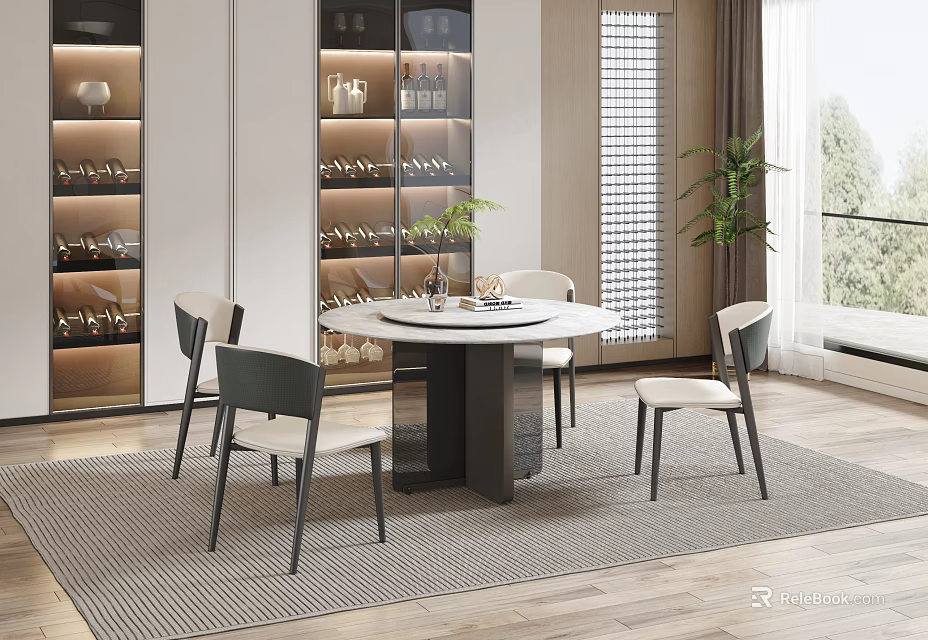 Modern Restaurant Interior Design With Round Dining Table Chairs Wine Cabinet And Green Plants 3d model 