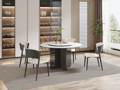 Modern Restaurant Interior Design With Round Dining Table Chairs Wine Cabinet And Green Plants 3d model
