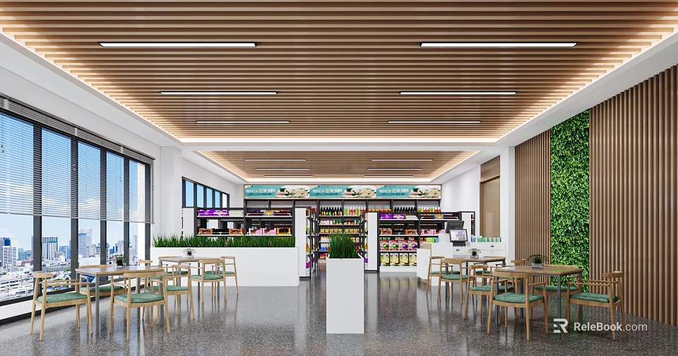 Spacious Modern Supermarket With Comfortable Seating Area And Full Range Of Neat Product Shelves 3d model 