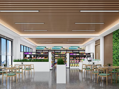 Spacious Modern Supermarket With Comfortable Seating Area And Full Range Of Neat Product Shelves 3d model