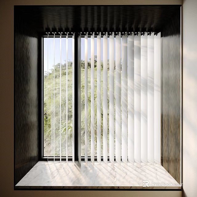 Natural Light Through White Vertical Window Blinds With Green Outdoor View 3d model 