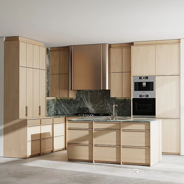Modern Kitchen Interior With Light Wood Cabinets Marble Island And Appliances 3d model 