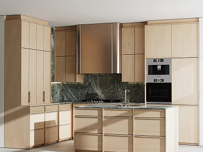 Modern Kitchen Interior With Light Wood Cabinets Marble Island And Appliances 3d model
