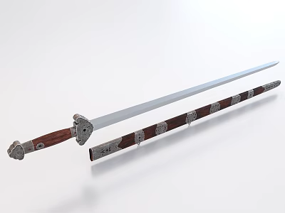 Traditional Sword With Polished Blade And Ornate Scabbard And Wooden Hilt Featuring Metal Decorations 3d model