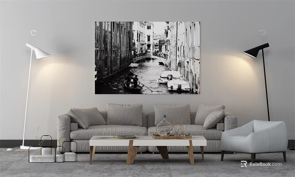 Modern Sofa and Coffee Table Set with Black White Canal Wall Art and Floor Lamps 3d model 
