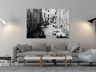 Modern Sofa and Coffee Table Set with Black White Canal Wall Art and Floor Lamps 3d model