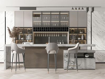 Modern Bar Area Bar Chair Wine Cabinet Combination 3d model