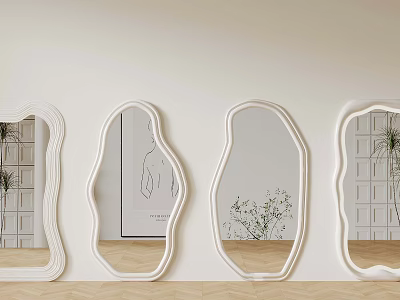 Various Shapes White Framed Decorative Mirrors Mounted On Light Wall With Interior Decor Reflections 3d model