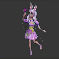 Rabbit Eared Girl Holding Purple Butterfly In Pink Star Dress With Yellow Belt