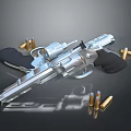 Silver Revolver With Black Grip And Scattered Bullets On Dark Surface 3d model