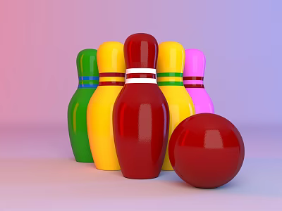 Bowling Sports Equipment with Colorful Pins and Red Ball for Recreational Activities 3d model