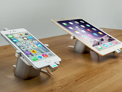 Smartphone And Tablet On Metal Stands Wooden Desk With App Icons Displayed 3d model