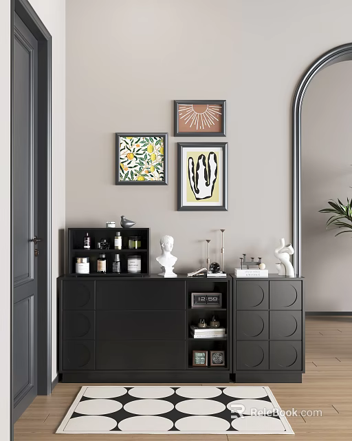 Black Shoe Cabinet In Entryway With Decorative Artwork Statues Bottles Books And Candlesticks 3d model 